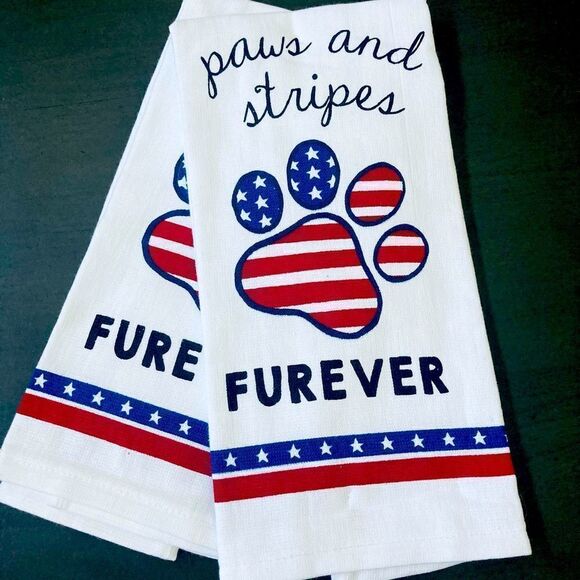America Patriotic Dog Lover Paws & Stripes Dish Towels Set - Picture 1 of 2